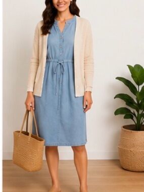 Basic Editions Chambray Drawstring Midi Dress in Light Blue